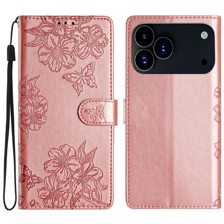 Cherry Blossom Butterfly Skin Feel Embossed PU Phone Case, For iPhone 16e / 17e, For iPhone 17 Pro Max, For iPhone 17 Pro