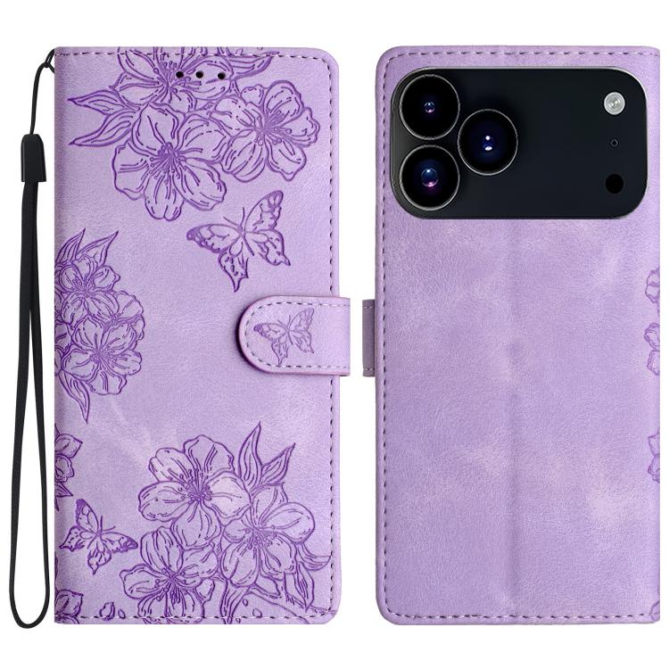 Cherry Blossom Butterfly Skin Feel Embossed PU Phone Case, For iPhone 16e / 17e, For iPhone 17 Pro Max, For iPhone 17 Pro