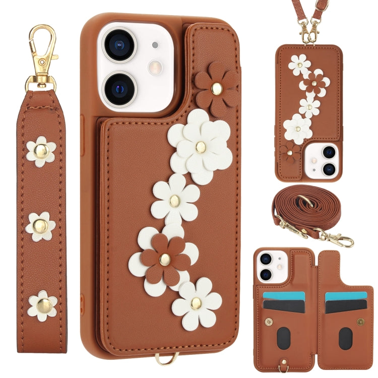 Crossbody Flower Pattern Leather Phone Case, For iPhone SE 2022 / SE 2020, For iPhone 13 Pro Max, For iPhone 13 Pro, For iPhone 12 / 12 Pro