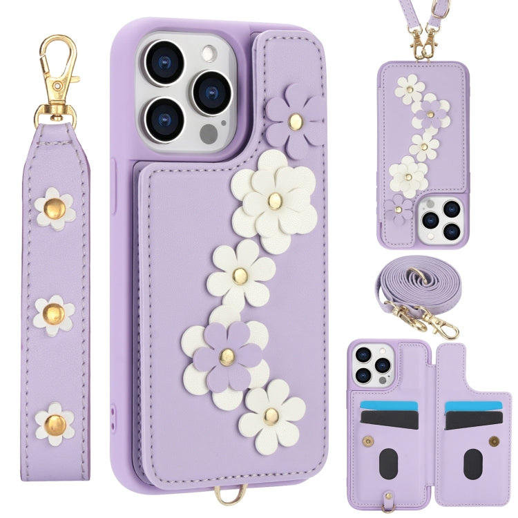 Crossbody Flower Pattern Leather Phone Case, For iPhone SE 2022 / SE 2020, For iPhone 13 Pro Max, For iPhone 13 Pro, For iPhone 12 / 12 Pro