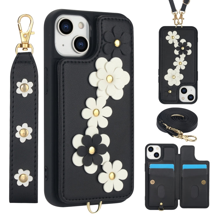 Crossbody Flower Pattern Leather Phone Case, For iPhone 16e, For iPhone 15 Pro Max, For iPhone 15 Pro, For iPhone 15 Plus / 14 Plus