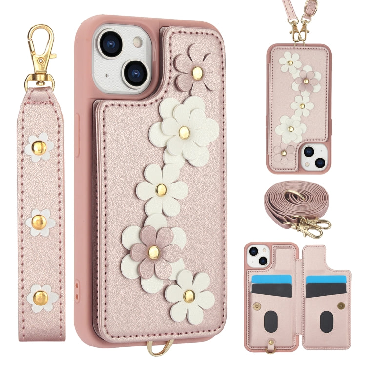 Crossbody Flower Pattern Leather Phone Case, For iPhone 16e, For iPhone 15 Pro Max, For iPhone 15 Pro, For iPhone 15 Plus / 14 Plus