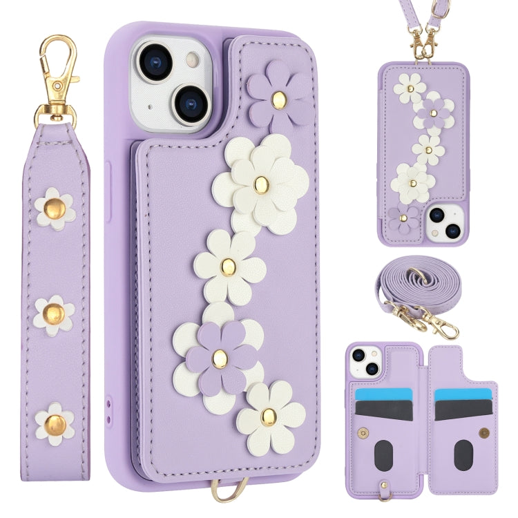Crossbody Flower Pattern Leather Phone Case, For iPhone 16e, For iPhone 15 Pro Max, For iPhone 15 Pro, For iPhone 15 Plus / 14 Plus
