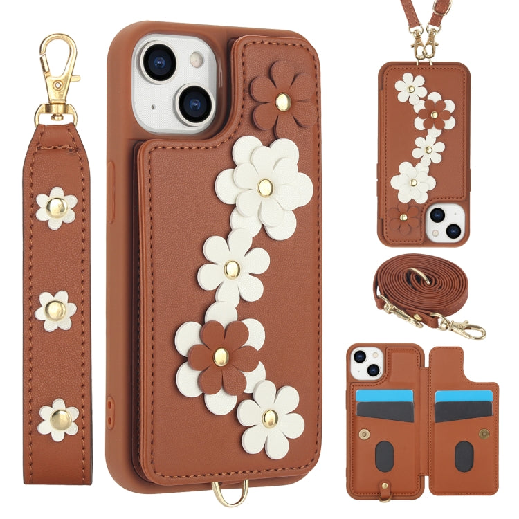 Crossbody Flower Pattern Leather Phone Case, For iPhone 16e, For iPhone 15 Pro Max, For iPhone 15 Pro, For iPhone 15 Plus / 14 Plus
