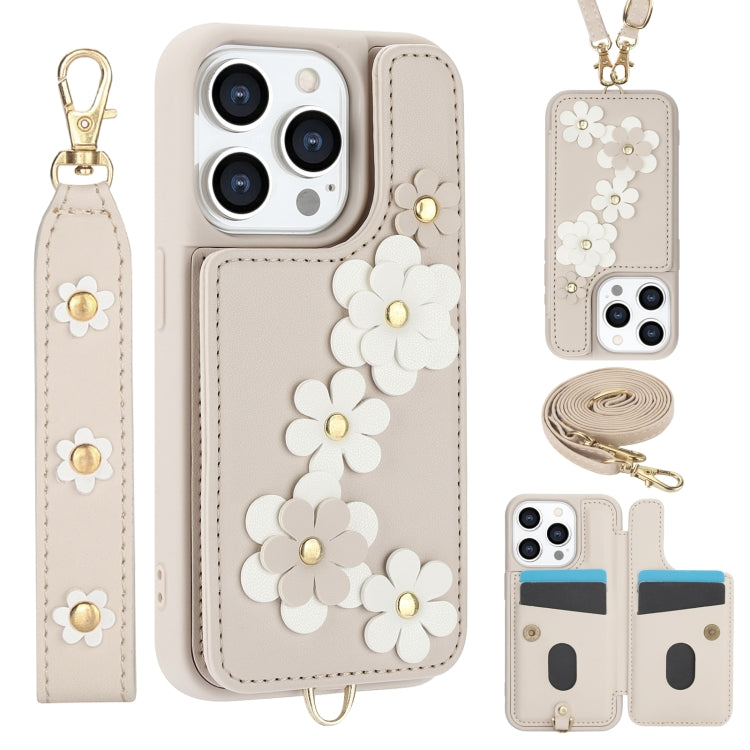 Crossbody Flower Pattern Leather Phone Case, For iPhone 16e, For iPhone 15 Pro Max, For iPhone 15 Pro, For iPhone 15 Plus / 14 Plus