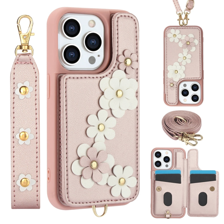 Crossbody Flower Pattern Leather Phone Case, For iPhone 16e, For iPhone 15 Pro Max, For iPhone 15 Pro, For iPhone 15 Plus / 14 Plus