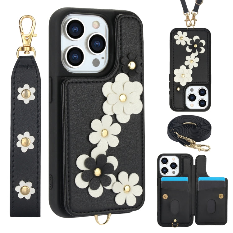 Crossbody Flower Pattern Leather Phone Case, For iPhone 16e, For iPhone 15 Pro Max, For iPhone 15 Pro, For iPhone 15 Plus / 14 Plus