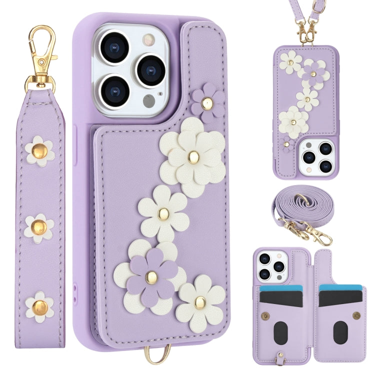 Crossbody Flower Pattern Leather Phone Case, For iPhone 16e, For iPhone 15 Pro Max, For iPhone 15 Pro, For iPhone 15 Plus / 14 Plus