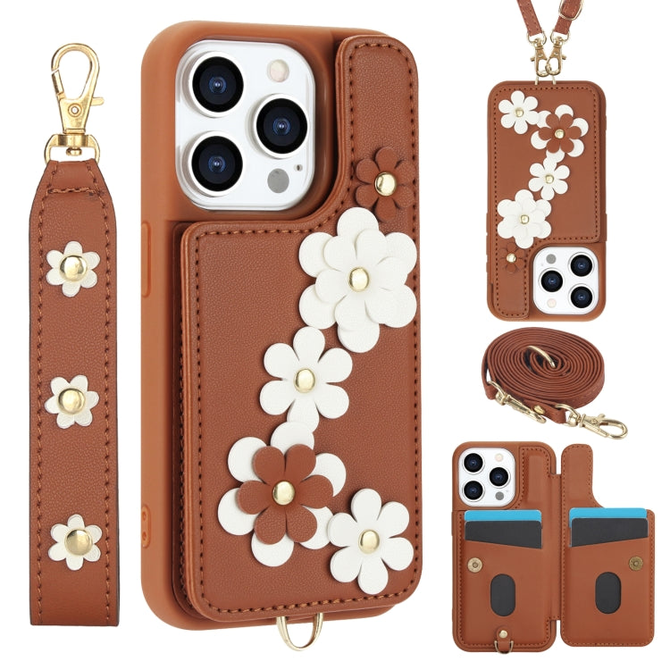 Crossbody Flower Pattern Leather Phone Case, For iPhone 16e, For iPhone 15 Pro Max, For iPhone 15 Pro, For iPhone 15 Plus / 14 Plus