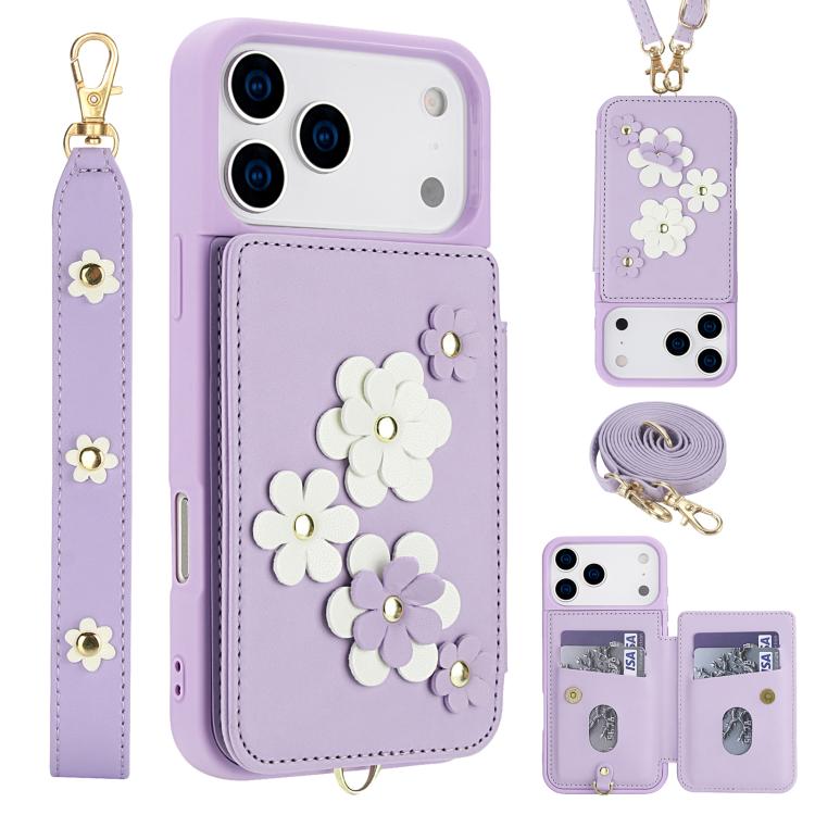 Crossbody Flower Pattern Leather Phone Case, For iPhone 17 Pro Max, For iPhone 17 Pro, For iPhone 17, For iPhone Air