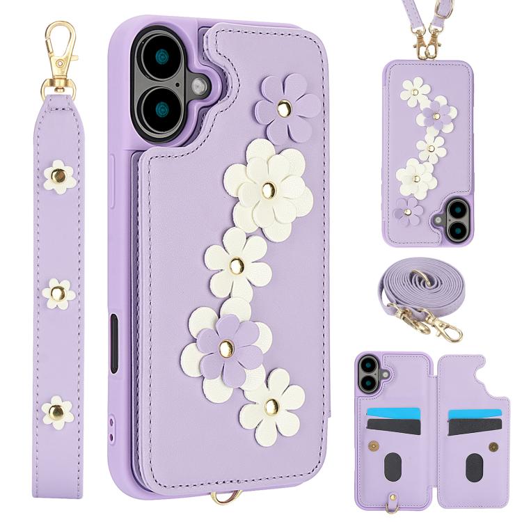 Crossbody Flower Pattern Leather Phone Case, For iPhone 17 Pro Max, For iPhone 17 Pro, For iPhone 17, For iPhone Air