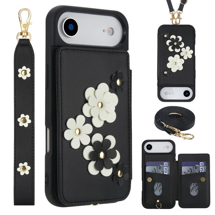 Crossbody Flower Pattern Leather Phone Case, For iPhone 16e, For iPhone 15 Pro Max, For iPhone 15 Pro, For iPhone 15 Plus / 14 Plus