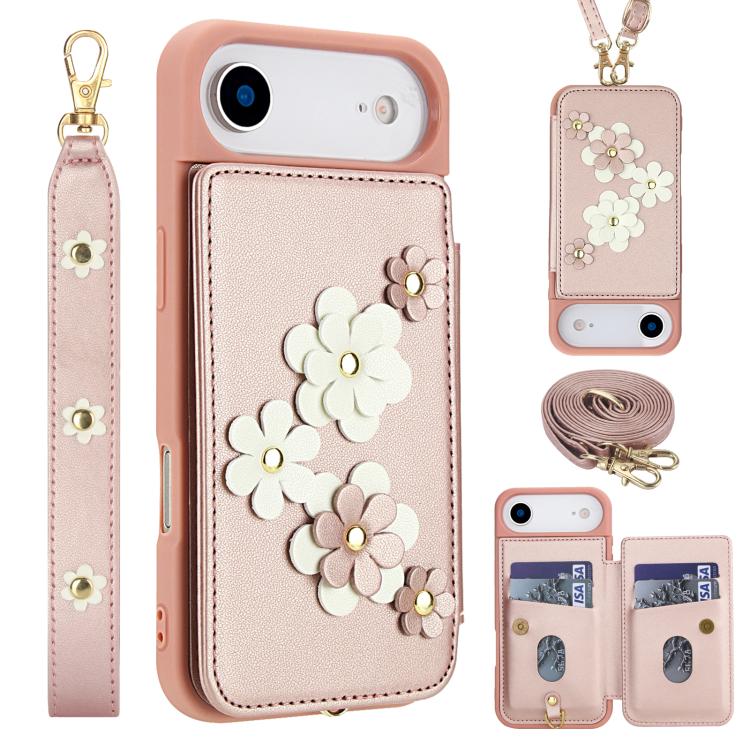 Crossbody Flower Pattern Leather Phone Case, For iPhone 16e, For iPhone 15 Pro Max, For iPhone 15 Pro, For iPhone 15 Plus / 14 Plus