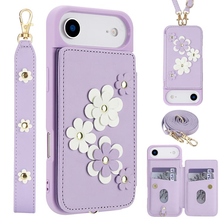 Crossbody Flower Pattern Leather Phone Case, For iPhone 16e, For iPhone 15 Pro Max, For iPhone 15 Pro, For iPhone 15 Plus / 14 Plus
