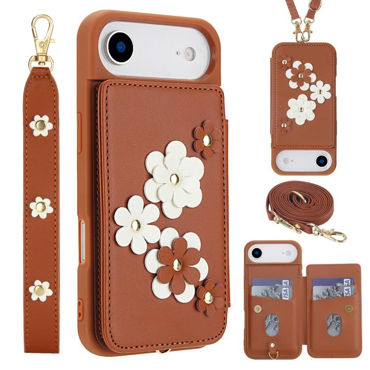 Crossbody Flower Pattern Leather Phone Case, For iPhone 16e, For iPhone 15 Pro Max, For iPhone 15 Pro, For iPhone 15 Plus / 14 Plus