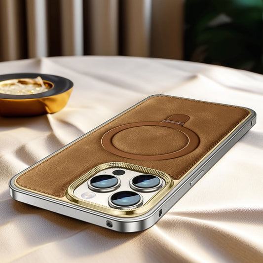 Metal Frame Oil Wax Leather MagSafe Phone Case with Spring Buckle Stand, For iPhone 15 Pro Max, For iPhone 15 Pro, For iPhone 15, For iPhone 14, For iPhone 14 Pro, For iPhone 14 Pro Max