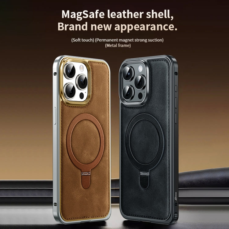 Metal Frame Oil Wax Leather MagSafe Phone Case with Spring Buckle Stand, For iPhone 15 Pro Max, For iPhone 15 Pro, For iPhone 15, For iPhone 14, For iPhone 14 Pro, For iPhone 14 Pro Max