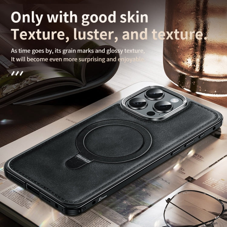 Metal Frame Oil Wax Leather MagSafe Phone Case with Spring Buckle Stand, For iPhone 15 Pro Max, For iPhone 15 Pro, For iPhone 15, For iPhone 14, For iPhone 14 Pro, For iPhone 14 Pro Max