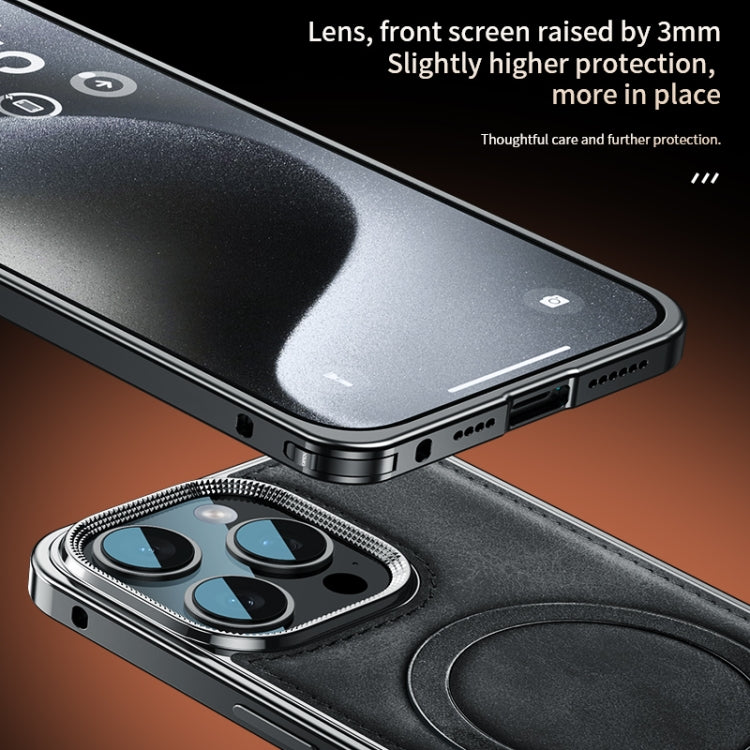 Metal Frame Oil Wax Leather MagSafe Phone Case with Spring Buckle Stand, For iPhone 15 Pro Max, For iPhone 15 Pro, For iPhone 15, For iPhone 14, For iPhone 14 Pro, For iPhone 14 Pro Max