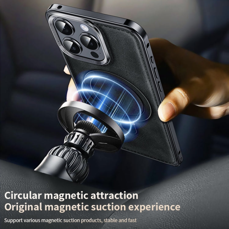Metal Frame Oil Wax Leather MagSafe Phone Case with Spring Buckle Stand, For iPhone 15 Pro Max, For iPhone 15 Pro, For iPhone 15, For iPhone 14, For iPhone 14 Pro, For iPhone 14 Pro Max