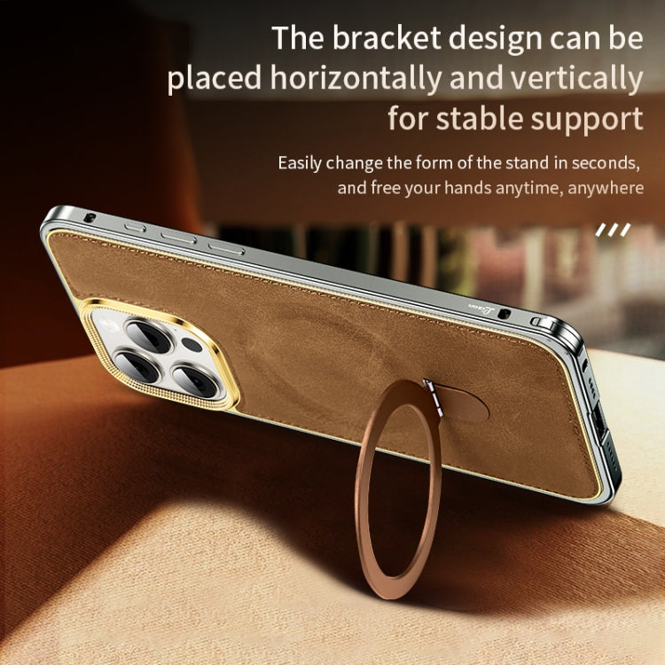 Metal Frame Oil Wax Leather MagSafe Phone Case with Spring Buckle Stand, For iPhone 15 Pro Max, For iPhone 15 Pro, For iPhone 15, For iPhone 14, For iPhone 14 Pro, For iPhone 14 Pro Max