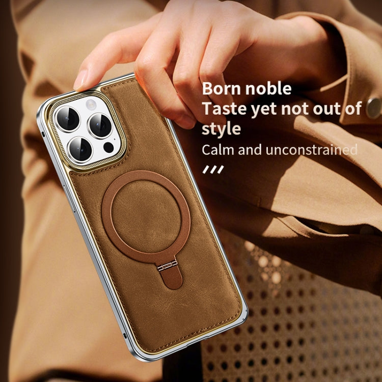 Metal Frame Oil Wax Leather MagSafe Phone Case with Spring Buckle Stand, For iPhone 15 Pro Max, For iPhone 15 Pro, For iPhone 15, For iPhone 14, For iPhone 14 Pro, For iPhone 14 Pro Max
