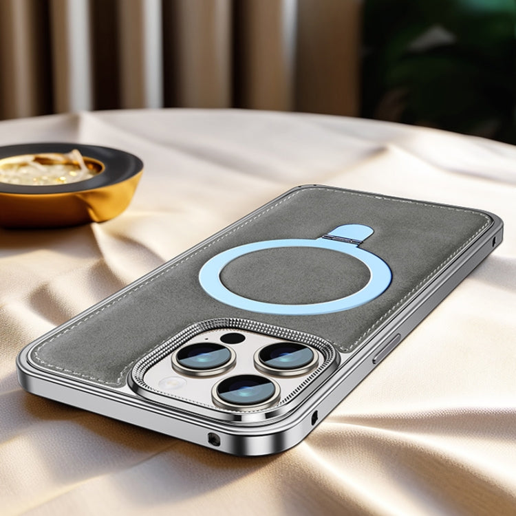 Metal Frame Oil Wax Leather MagSafe Phone Case with Spring Buckle Stand, For iPhone 15 Pro Max, For iPhone 15 Pro, For iPhone 15, For iPhone 14, For iPhone 14 Pro, For iPhone 14 Pro Max