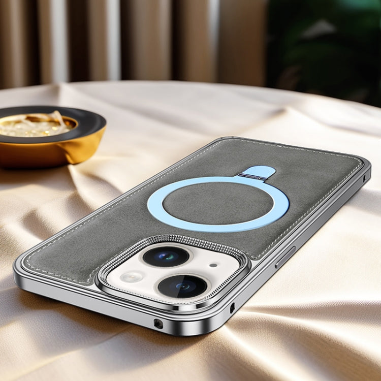 Metal Frame Oil Wax Leather MagSafe Phone Case with Spring Buckle Stand, For iPhone 15 Pro Max, For iPhone 15 Pro, For iPhone 15, For iPhone 14, For iPhone 14 Pro, For iPhone 14 Pro Max