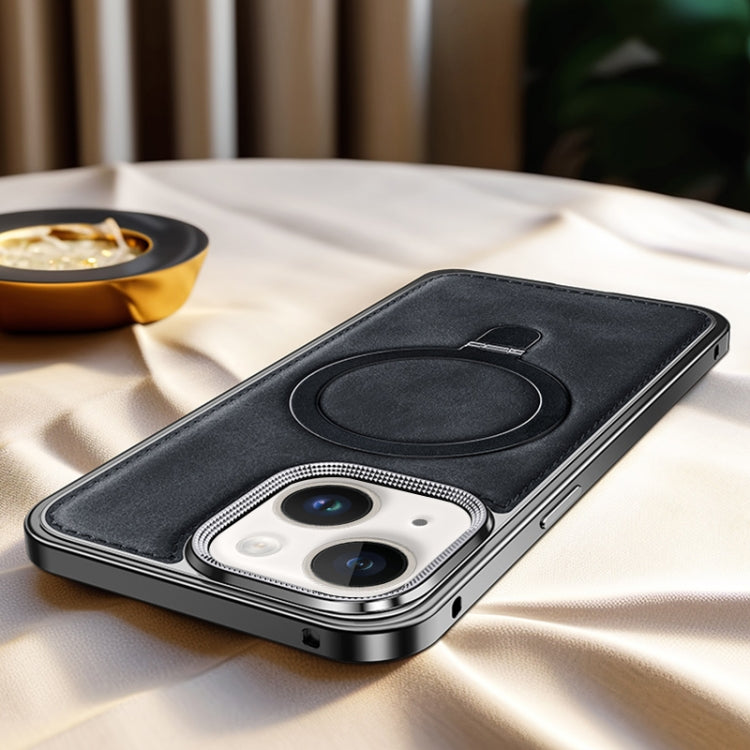 Metal Frame Oil Wax Leather MagSafe Phone Case with Spring Buckle Stand, For iPhone 15 Pro Max, For iPhone 15 Pro, For iPhone 15, For iPhone 14, For iPhone 14 Pro, For iPhone 14 Pro Max