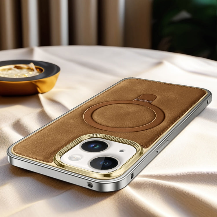 Metal Frame Oil Wax Leather MagSafe Phone Case with Spring Buckle Stand, For iPhone 15 Pro Max, For iPhone 15 Pro, For iPhone 15, For iPhone 14, For iPhone 14 Pro, For iPhone 14 Pro Max