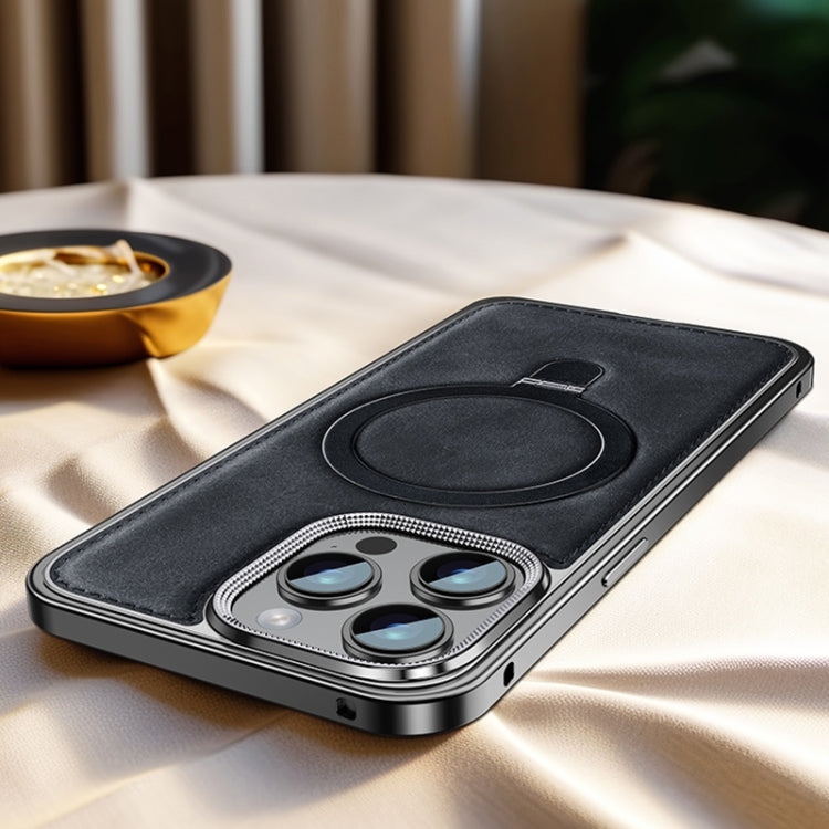 Metal Frame Oil Wax Leather MagSafe Phone Case with Spring Buckle Stand, For iPhone 15 Pro Max, For iPhone 15 Pro, For iPhone 15, For iPhone 14, For iPhone 14 Pro, For iPhone 14 Pro Max