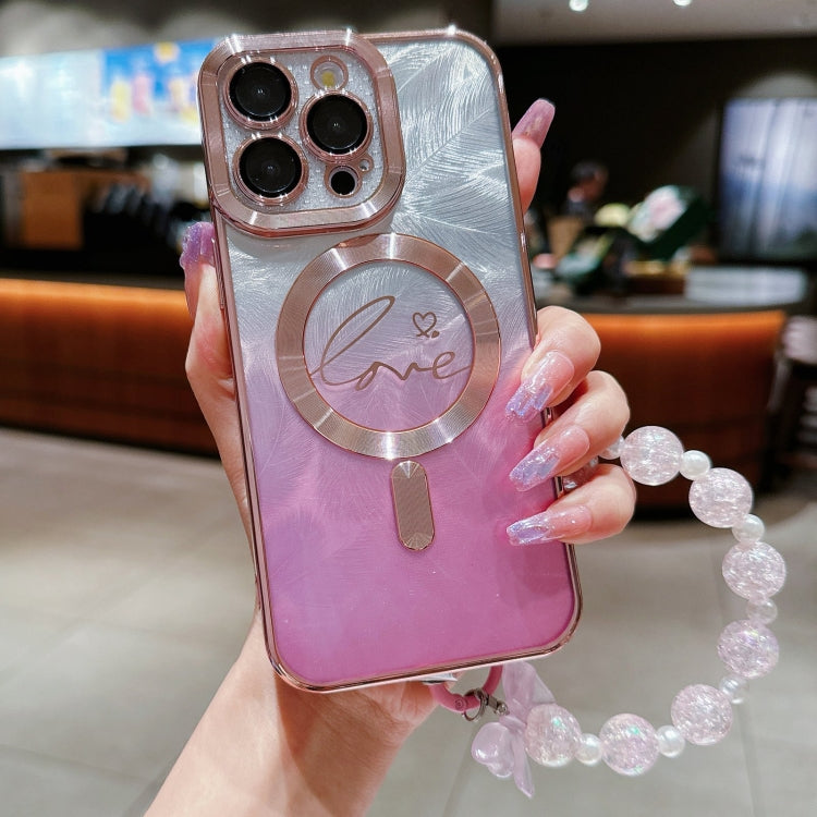 Dual-Love Feather  Gradient Glitter Bracelets Magsafe TPU Phone Case, For iPhone 15 Pro Max, For iPhone 15 Pro, For iPhone 15 Plus, For iPhone 15