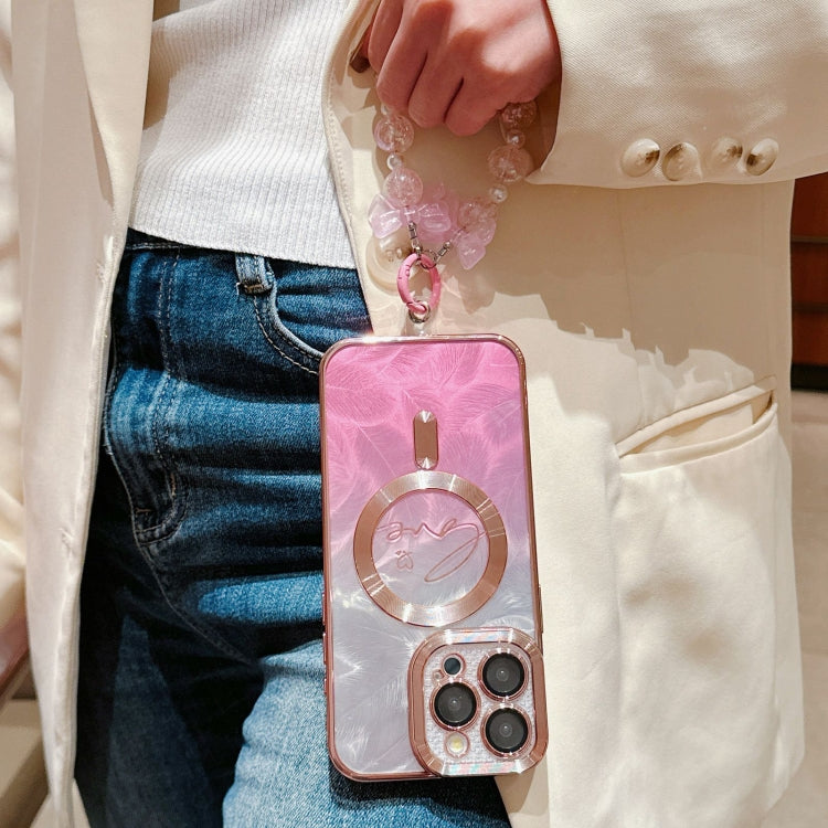 Dual-Love Feather  Gradient Glitter Bracelets Magsafe TPU Phone Case, For iPhone 15 Pro Max, For iPhone 15 Pro, For iPhone 15 Plus, For iPhone 15