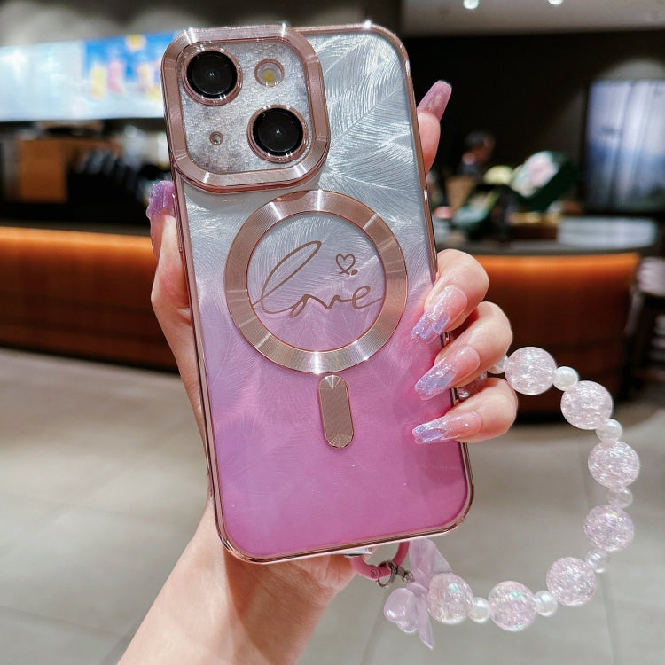 Dual-Love Feather  Gradient Glitter Bracelets Magsafe TPU Phone Case, For iPhone 15 Pro Max, For iPhone 15 Pro, For iPhone 15 Plus, For iPhone 15
