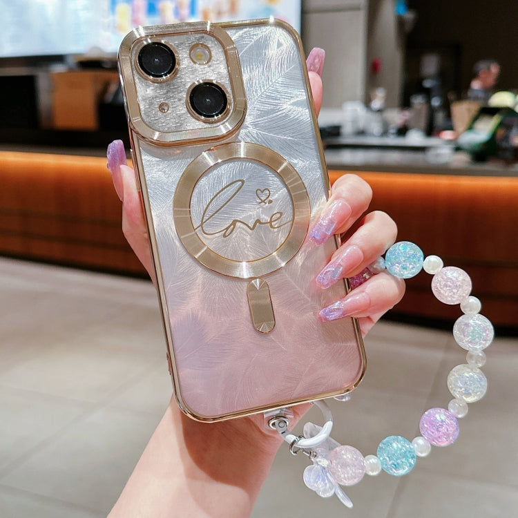 Dual-Love Feather  Gradient Glitter Bracelets Magsafe TPU Phone Case, For iPhone 15 Pro Max, For iPhone 15 Pro, For iPhone 15 Plus, For iPhone 15