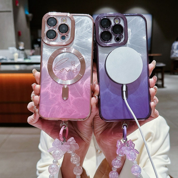 Dual-Love Feather  Gradient Glitter Bracelets Magsafe TPU Phone Case, For iPhone 15 Pro Max, For iPhone 15 Pro, For iPhone 15 Plus, For iPhone 15