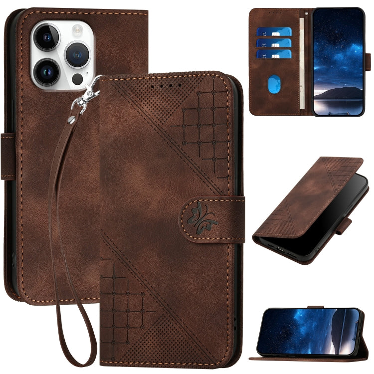 YX0080 Grid Butterfly Embossed Pattern Flip Leather Phone Case with Lanyard, For iPhone Air, For iPhone 16 Pro Max, For iPhone 16 Pro, For iPhone 16 Plus