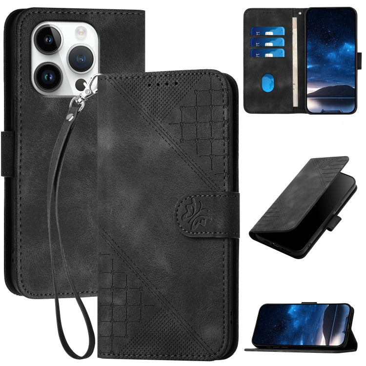 YX0080 Grid Butterfly Embossed Pattern Flip Leather Phone Case with Lanyard, For iPhone Air, For iPhone 16 Pro Max, For iPhone 16 Pro, For iPhone 16 Plus