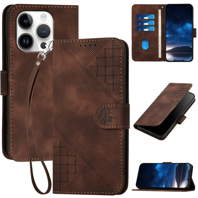 YX0080 Grid Butterfly Embossed Pattern Flip Leather Phone Case with Lanyard, For iPhone Air, For iPhone 16 Pro Max, For iPhone 16 Pro, For iPhone 16 Plus