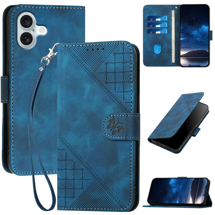 YX0080 Grid Butterfly Embossed Pattern Flip Leather Phone Case with Lanyard, For iPhone Air, For iPhone 16 Pro Max, For iPhone 16 Pro, For iPhone 16 Plus