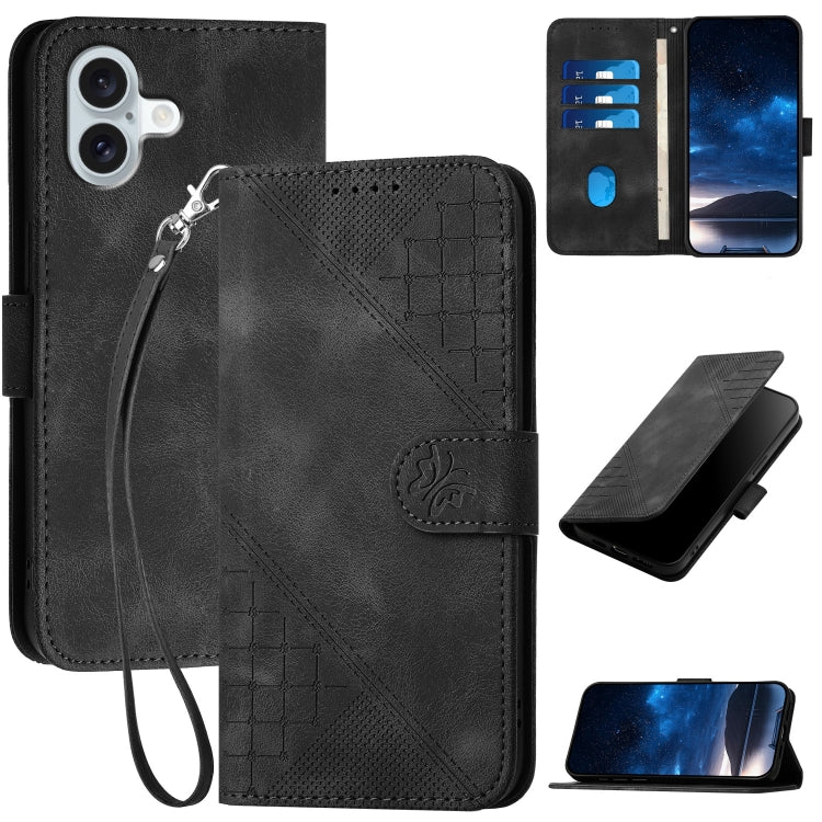 YX0080 Grid Butterfly Embossed Pattern Flip Leather Phone Case with Lanyard, For iPhone Air, For iPhone 16 Pro Max, For iPhone 16 Pro, For iPhone 16 Plus