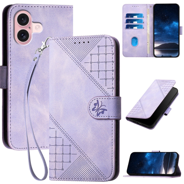 YX0080 Grid Butterfly Embossed Pattern Flip Leather Phone Case with Lanyard, For iPhone 16, For iPhone 15 Pro Max, For iPhone 15 Pro, For iPhone 15 Plus