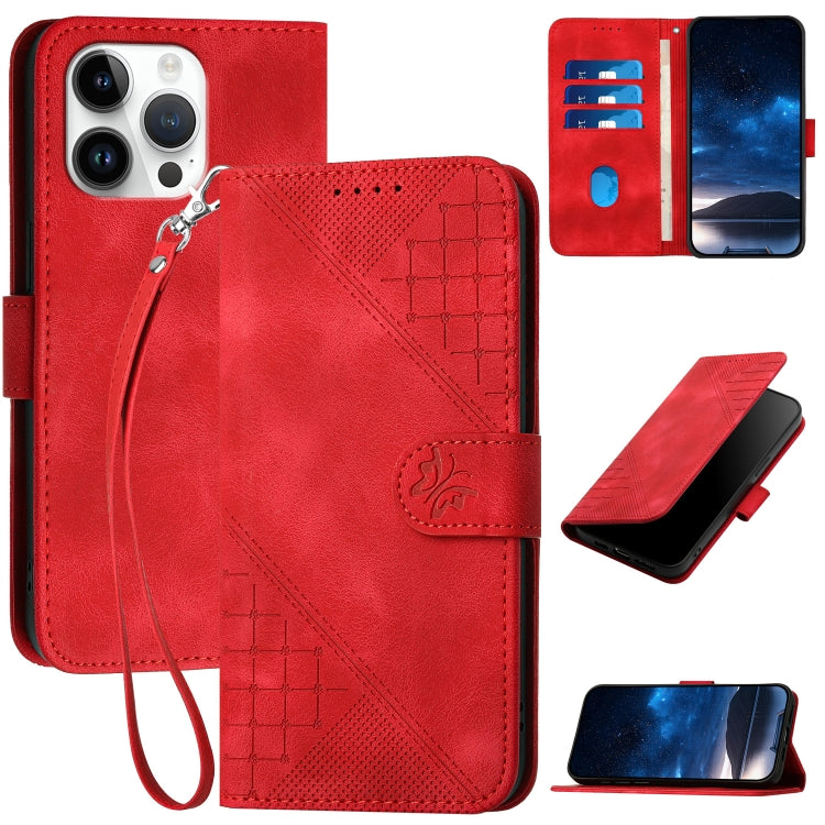 YX0080 Grid Butterfly Embossed Pattern Flip Leather Phone Case with Lanyard, For iPhone 16, For iPhone 15 Pro Max, For iPhone 15 Pro, For iPhone 15 Plus