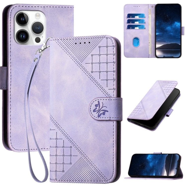 YX0080 Grid Butterfly Embossed Pattern Flip Leather Phone Case with Lanyard, For iPhone 16, For iPhone 15 Pro Max, For iPhone 15 Pro, For iPhone 15 Plus