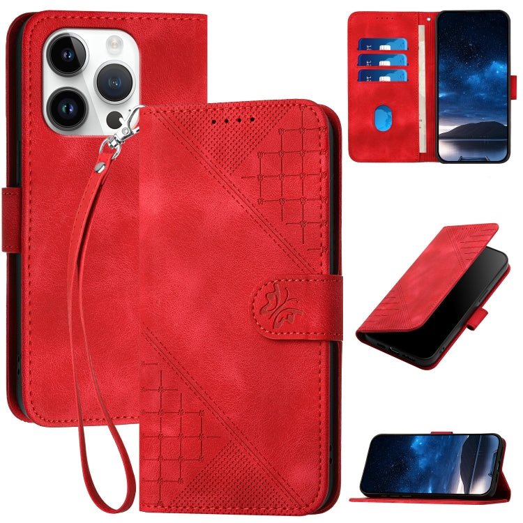 YX0080 Grid Butterfly Embossed Pattern Flip Leather Phone Case with Lanyard, For iPhone 16, For iPhone 15 Pro Max, For iPhone 15 Pro, For iPhone 15 Plus