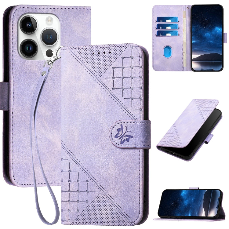 YX0080 Grid Butterfly Embossed Pattern Flip Leather Phone Case with Lanyard, For iPhone 16, For iPhone 15 Pro Max, For iPhone 15 Pro, For iPhone 15 Plus