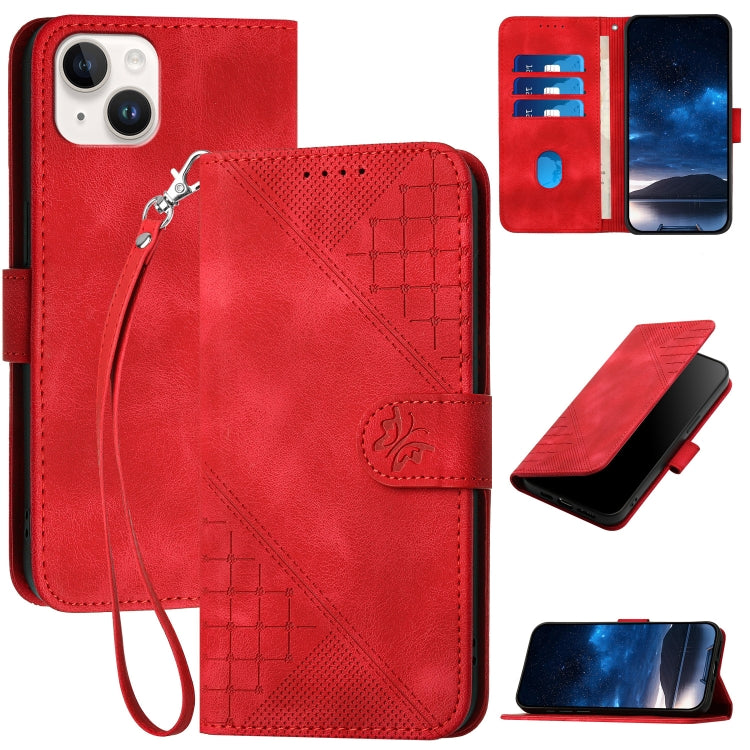 YX0080 Grid Butterfly Embossed Pattern Flip Leather Phone Case with Lanyard, For iPhone 15, For iPhone 14 Plus, For iPhone 14, For iPhone 14 Pro
