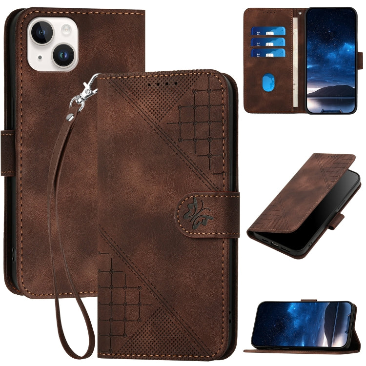 YX0080 Grid Butterfly Embossed Pattern Flip Leather Phone Case with Lanyard, For iPhone 15, For iPhone 14 Plus, For iPhone 14, For iPhone 14 Pro