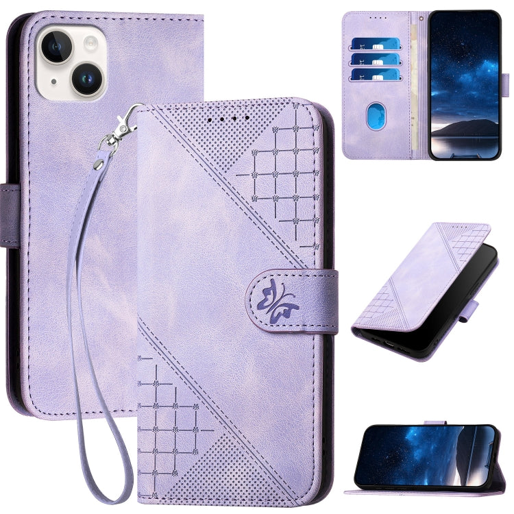 YX0080 Grid Butterfly Embossed Pattern Flip Leather Phone Case with Lanyard, For iPhone 15, For iPhone 14 Plus, For iPhone 14, For iPhone 14 Pro