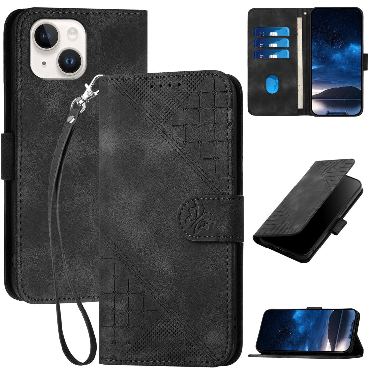 YX0080 Grid Butterfly Embossed Pattern Flip Leather Phone Case with Lanyard, For iPhone 15, For iPhone 14 Plus, For iPhone 14, For iPhone 14 Pro